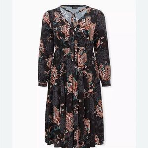 Torrid Brown Long Sleeve midi challis skater V-Neck Sundress 2X 18-20